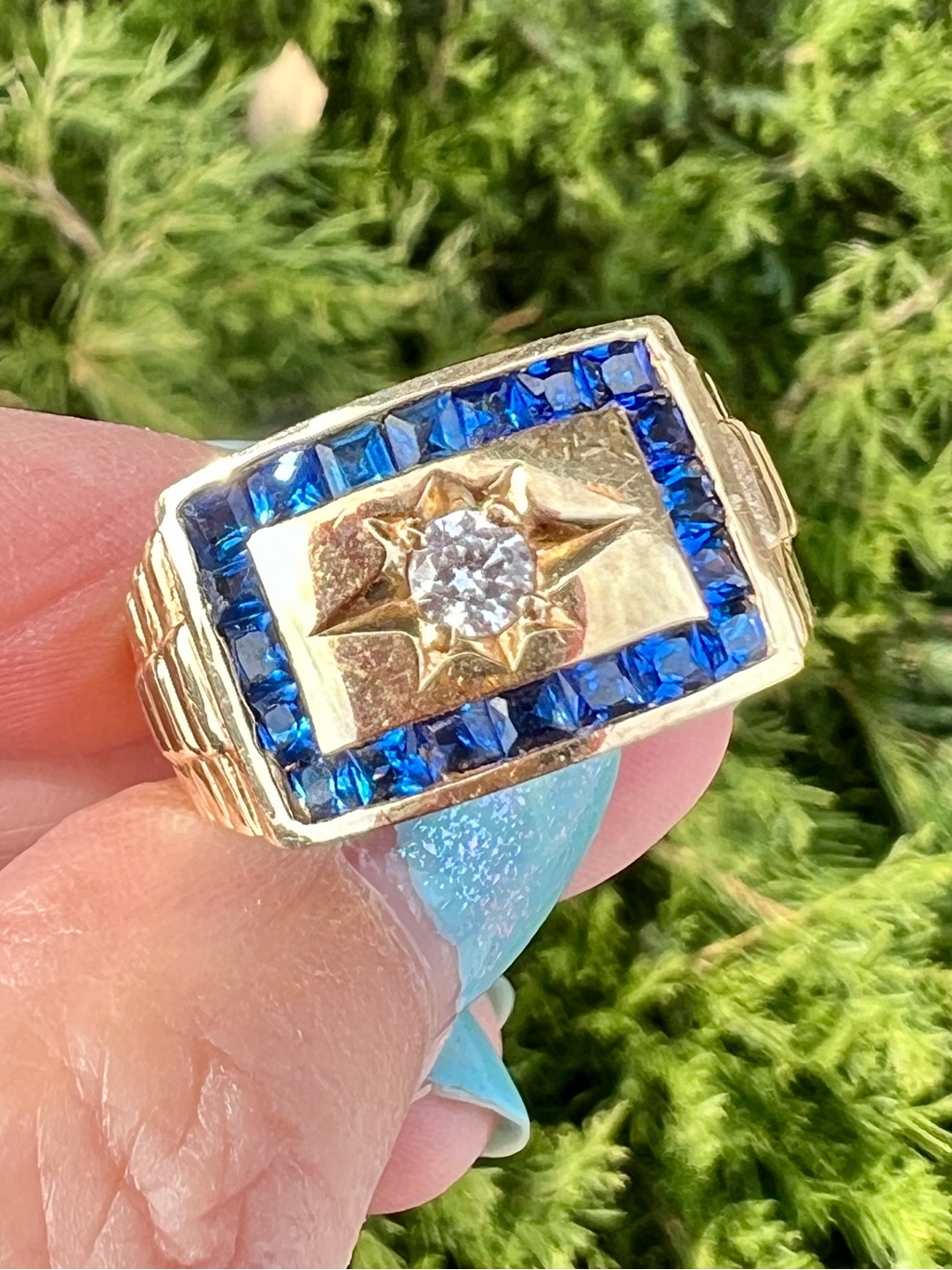 Vintage 14k Yellow Gold Mens Cz  Blue Spinel Starburst Ring Rolex Band Design